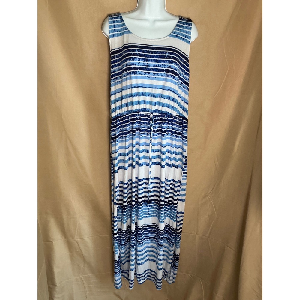 Faded Glory Maxi Dress Womens XXL Blue White Excellent Striped Drawstring Waist